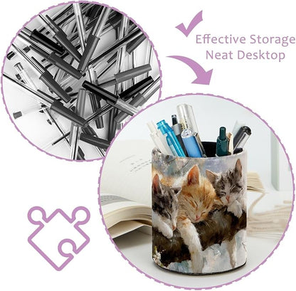 Leather Pen Holder for Desk, Sleeping Cat Pencil Cup Pen Organizer Makeup Brush - Image 4