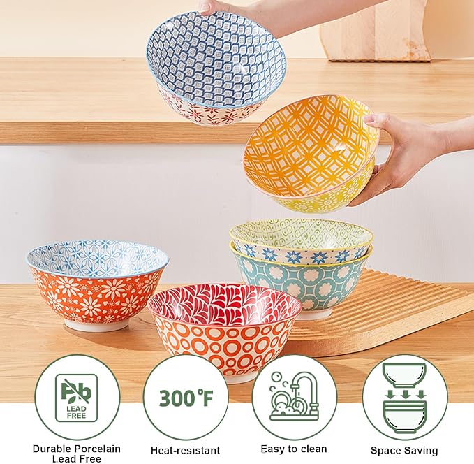 AntoKueh 23 OZ Colorful Large Ceramic Bowl Set of 6, 6 inch Deep Porcelain - Image 3