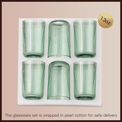 Green Ribbed Highball Glasses Set of 6, 13.2oz Sage Green Colored Glassware - Image 6