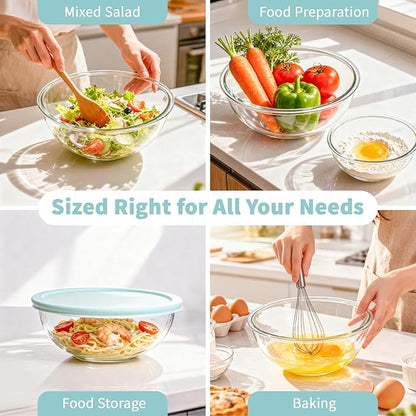 WhiteRhino Glass Mixing Bowl with Lids Set of 5, 0.2, 0.5, 1.1, 2.1, 3.75 QT, Large Salad Bowls with BPA-Free Lids, Space-Saving Nesting Bowls for Kitchen Food Storage, Glass bowl for Cooking, Baking