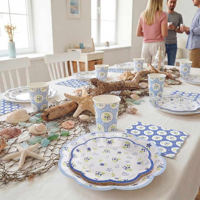 250 Pcs Blue Seashell Disposable Paper Plates and Napkins | Scalloped Design - Image 5