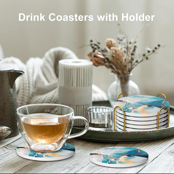 6 Pcs Light Blue Marble Abstract Ceramic Coasters - Image 6