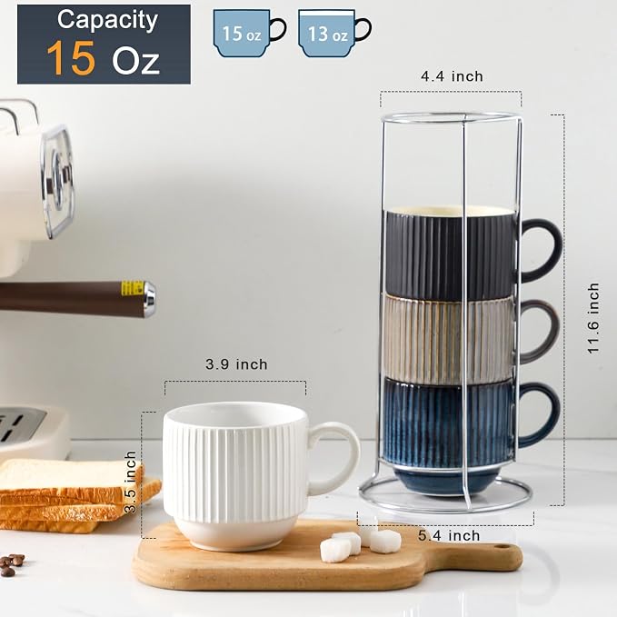 Hasense Coffee Mug Set of 4 - 15 oz Stackable Large Ceramic Ribbed Latte Cup Set - Image 3