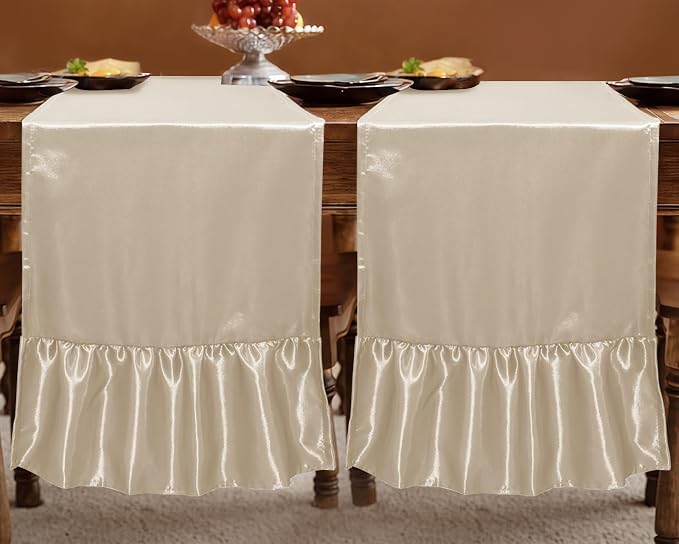 2 Pack Champagne Satin Table Runner 12 x 108 Inch | Ruffle Design, Luxurious - Image 3