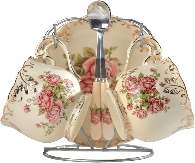 YOLIFE Tea Cups and Saucers Set of 2, 8 OZ Pink Rose Tea Cups Set | Ivory by YOLIFE
