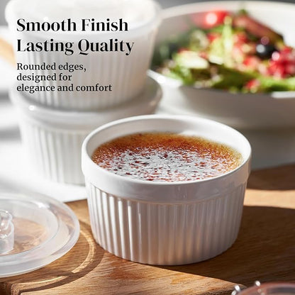 DOWAN Ramekins 8 oz Oven Safe with Lids, Creme Brulee Ramekins Bowls, Porcelain Ramiken Souffle Dishes, Custard Cups for Baking, Small Bowls for Pudding Dip Sauces Charcuterie Dessert, Soft White, Set of 6