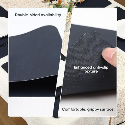 Dark Blue Reversible Faux Leather Placemats – Set of 6 Waterproof, Heat-Resistant & Easy-to-Clean Table Mats for Modern Dining