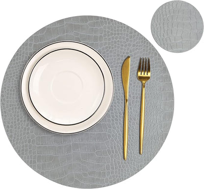Round Leather Placemats for Round Tables Set of 4, Gray Table Place Mats and Coasters, Washable Easy to Care for Indoor Decor 13" Diameter