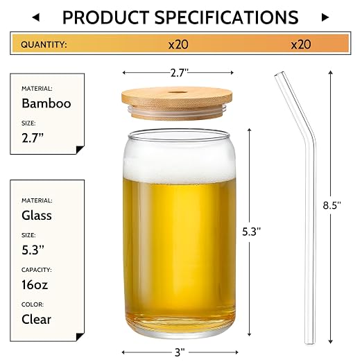 VITEVER Glass Cups with Bamboo Lids and Glass Straw - Image 2