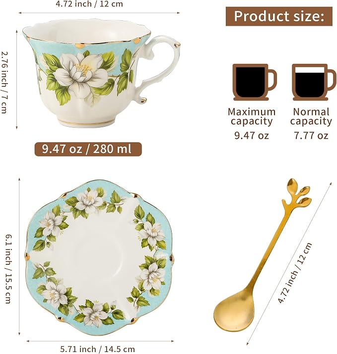 TATSUMI Country Roses Bone China Tea Cup and Saucer Set, 3 Pieces, Vintage Style - Image 2