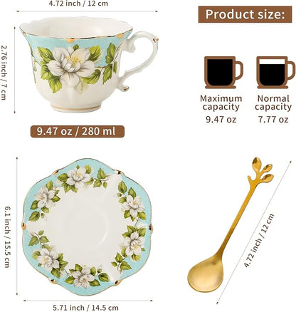 TATSUMI Country Roses Bone China Tea Cup and Saucer Set, 3 Pieces, Vintage Style - Image 2