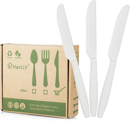 Compostable Knife, 100 Biodegradable Silverware by HERLLY