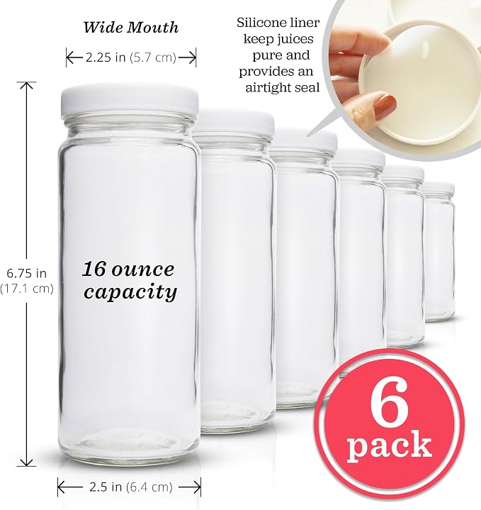 16oz Glass Juice Bottles with Lids, 6 Pack, Wide Mouth Reusable | Large Mouth - Image 5