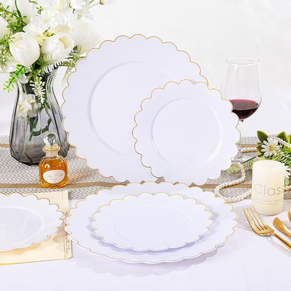 LIYH 60 Pcs Gold White Plastic Plates Scalloped Plastic Holiday Plates Disposable Gold Combo Plate Includes 30 Dessert & 30 Dinner Plate Dishes for Valentine's Day and Mother's Day