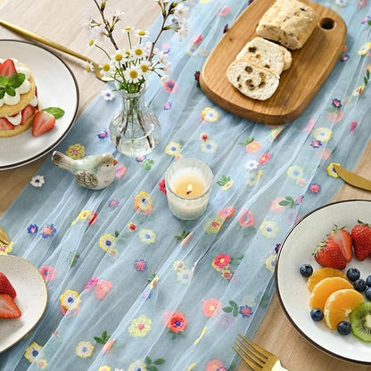 Artoid Mode Blue Embroidery Daisy Gauze Table Runner 59x120 Inch 10FT | - Image 3