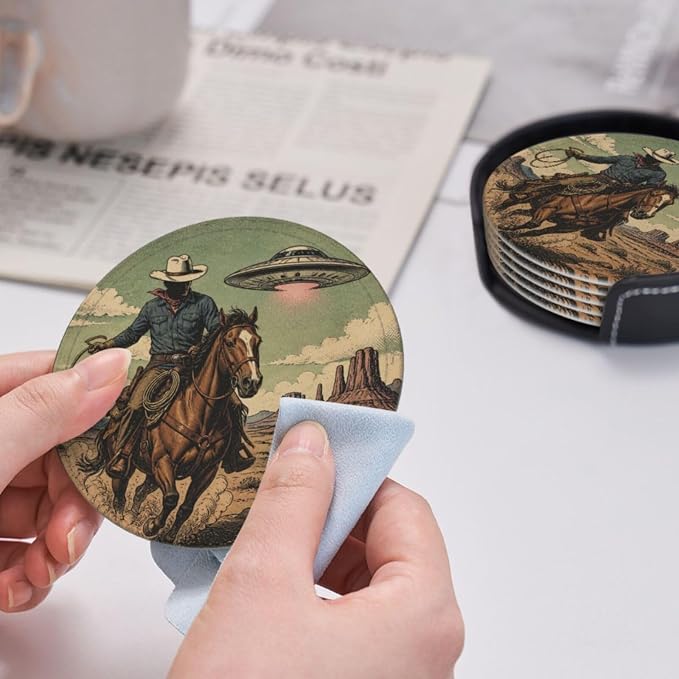 Retro UFO Western Cowboy Leather Coasters Set of 6 - Image 6