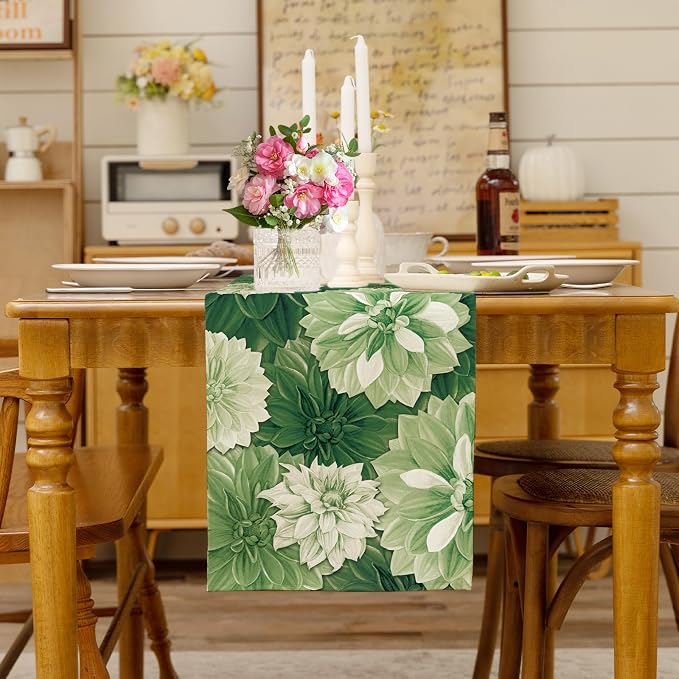 Green Dahlia Flower Summer Table Runner Sage Green Burlap Table Runners - Image 3