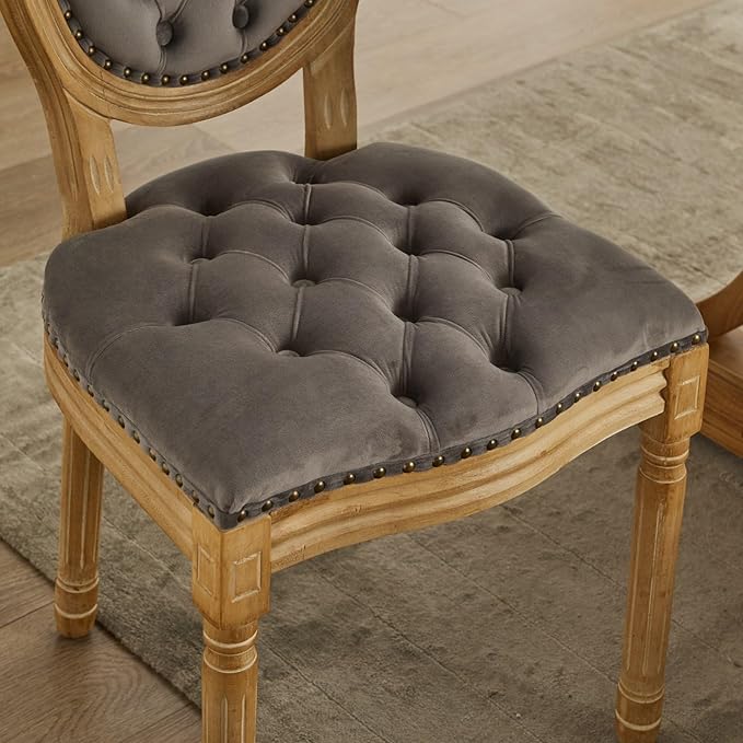 Ball & Cast French Vintage Upholstered Dining Chairs Set of 2, Button Tufted Kitchen Side-Chairs with Carved Antique Wood Frame & Nailhead Trims, 2-Piece Curved Backrest Louis Chair, Velvet Gray