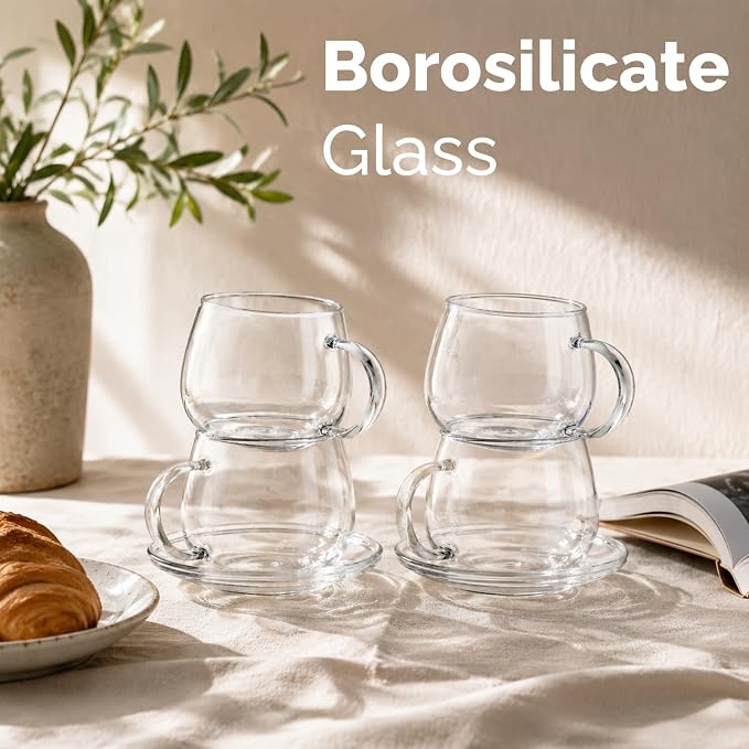 Tosnail 4 Pack Glass Cups and Saucers Set, 11 oz | High Borosilicate Glass Cup - Image 3