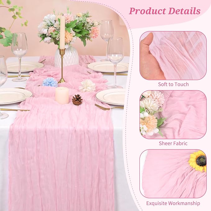 Pesonlook Cheesecloth Table Runner Light Pink, 10 Pack 17.7x108 inch, Long | - Image 3