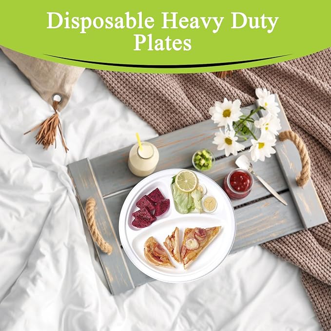three leaf 10" 3 COMPARTMENT BAGASSE ROUND PLATE, 25 Ct. Heavy-Duty- Super Strong- Natural- Eco-Friendly Disposable Bagasse Plates, 100% Biodegradable 10 inch 3 compartment plates