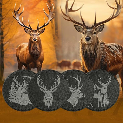 4Pcs Slate Coasters with Deer Pattern, Round 3.94 inch Cup Mats - Image 6