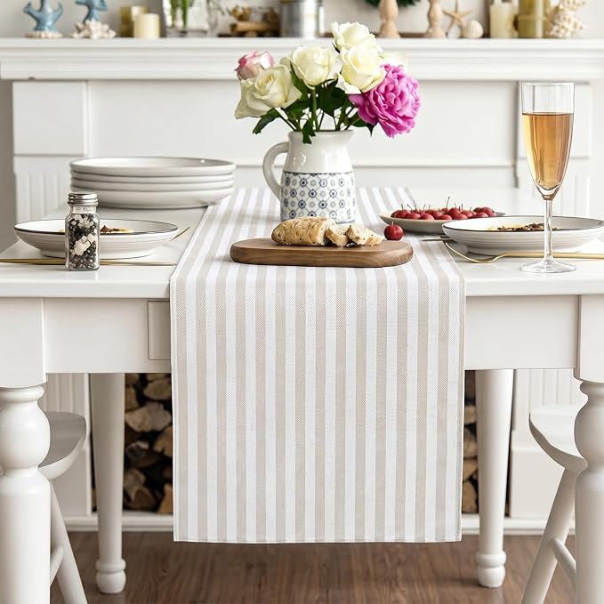 6 Pcs Beige and White Stripe Table Runner, 13 x 72 Inch | Linen Kitchen Dining - Image 3
