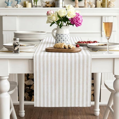 6 Pcs Beige and White Stripe Table Runner, 13 x 72 Inch | Linen Kitchen Dining - Image 3