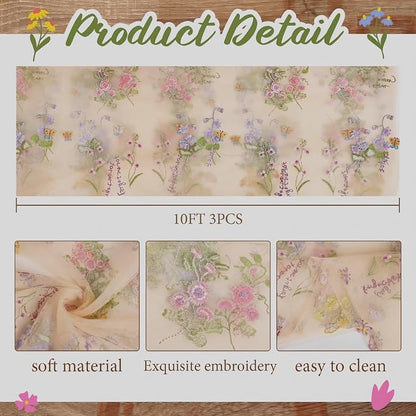 Champagne Floral Table Runner 10ft Embroidery Tulle Spring Wildflower Table - Image 2