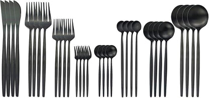 JASHII 32-Piece Tableware Set Stainless Steel Flatware Set with Coffee Spoon Long Handle Spoon Premium Cutlery Service for 4 Satin Finish Utensils for Home (Black)