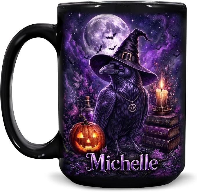 Hyturtle Personalized Halloween Raven Mug, Custom Name Gift by Hyturtle