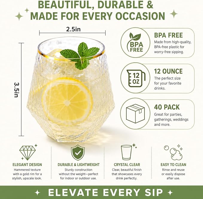 40 Pack Disposable Plastic Wine Glasses 12oz Diamond Gold Rim Stemless | - Image 2