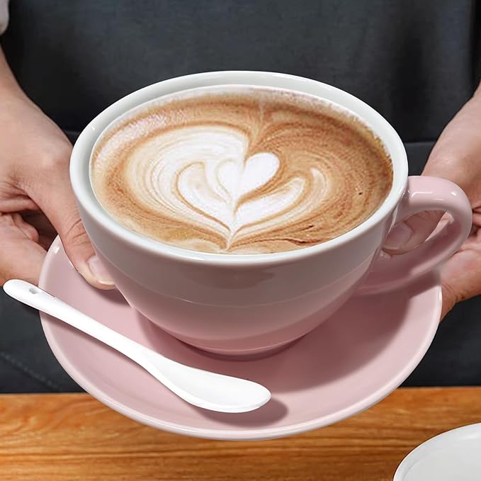 DeeCoo 11 oz Pink White Cappuccino Mug- Large Ceramic Coffee Cup by DeeCoo