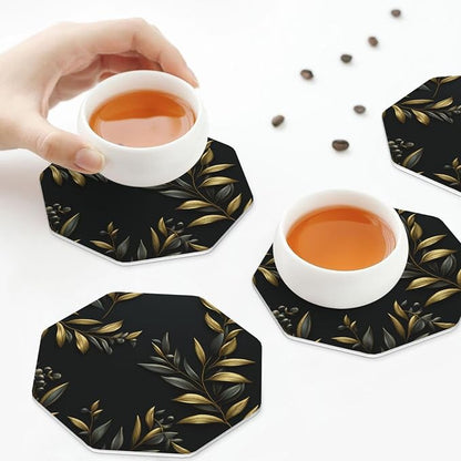 4Pcs Leather Coaster for Drinks Golden Olive Branch Cup Coasters Aesthetic - Image 5