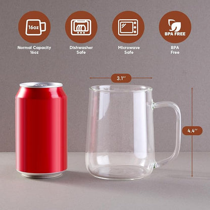 Glass Coffee Mugs, 16 oz Glass Coffee Cups Set of 4, Hot/Cold Beverages - Image 2