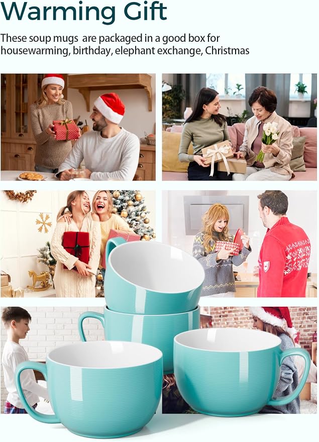 Teocera 24 oz Soup Bowls with Handles, Porcelain Large Coffee Mug Set, Jumbo - Image 3