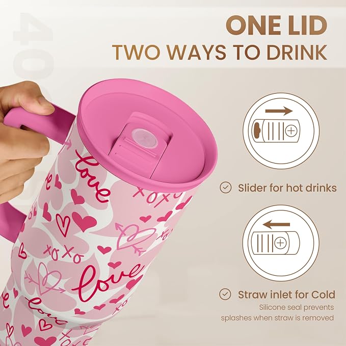 SANDJEST Heart Tumbler with Handle 40oz, Valentines Stainless Steel Insulated - Image 5