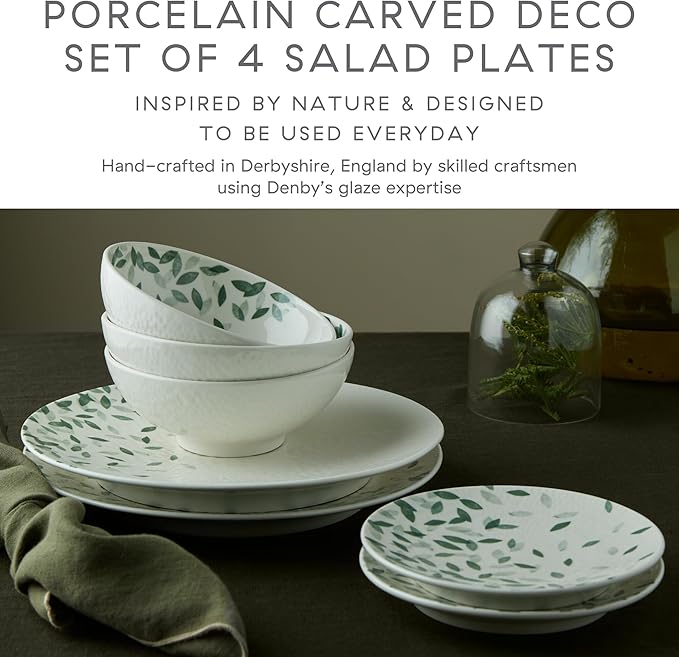 Denby - Carved Deco Medium Plates Set of 4-9 Inch - Dishwasher Microwave Oven Safe - Large Uniquely Textured Porcelain Medium Plate - Scratch Chip Resistant