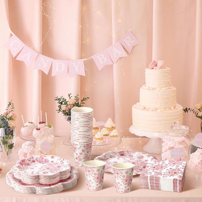 250 Pcs Pink Floral Disposable Paper Plate Napkins | Disposable Paper Set - Image 5