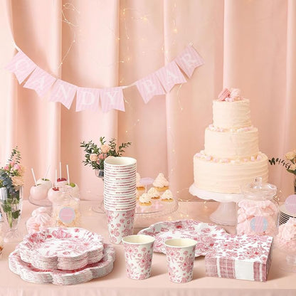 250 Pcs Pink Floral Disposable Paper Plate Napkins | Disposable Paper Set - Image 5