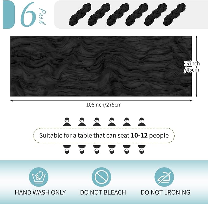 6 Pack Black Cheesecloth Table Runner 17x108 Inch Semi Sheer Boho Gauze Cheese - Image 2
