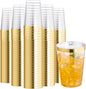I00000 200 Pack 12 oz Gold Plastic Cups, Clear Disposable Cups, Disposable Plastic Wine Glasses Cocktail Glasses Premium Cups with Gold Rim, 12 Ounce Tumblers for Party & Wedding