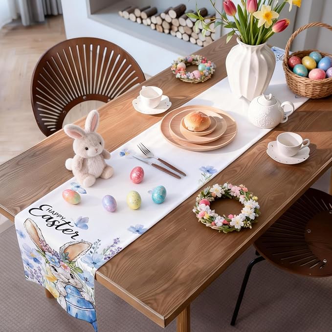 Happy Easter Bunny Table Runner, Egg Flowers Burlap Table Runners, Spring - Image 6