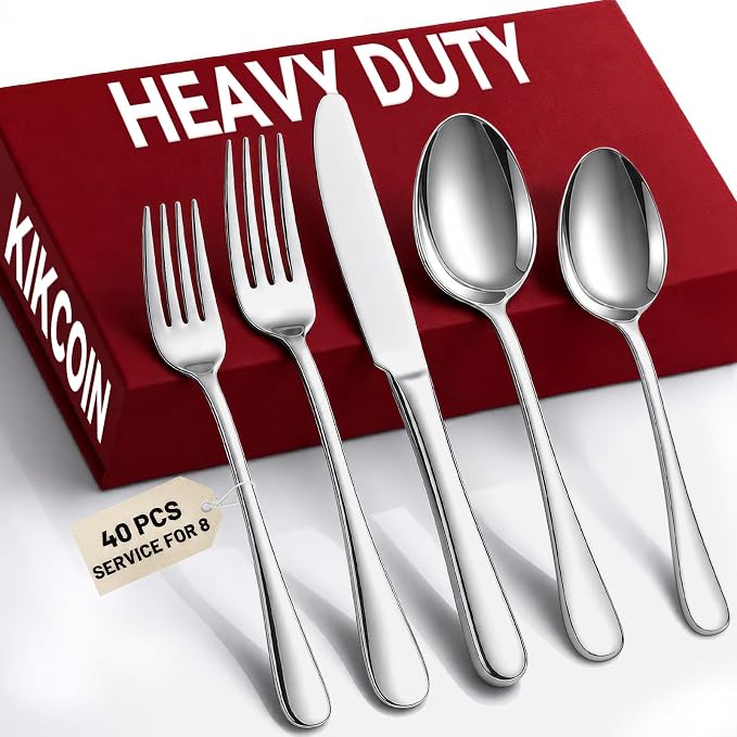 KIKCOIN 40 Pack Silverware Set for 8, Food-Grade Stainless Steel Flatware Set by Kikcoin
