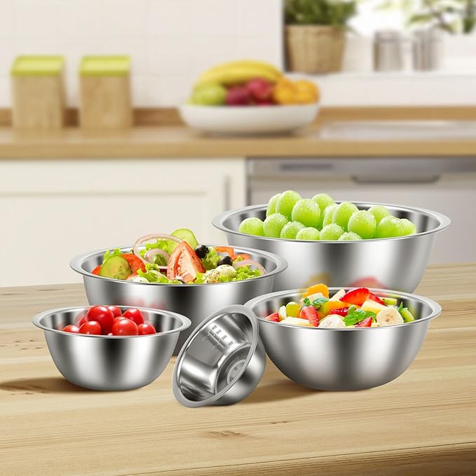 5 Pack Stainless Steel Bowls, Mixing Bowls Set with Scale Marks, 5 Different Size (4.5, 3,2,1.5,0.7QT) Nesting Baking Salad Bowls for Kitchen Cooking Baking(5)