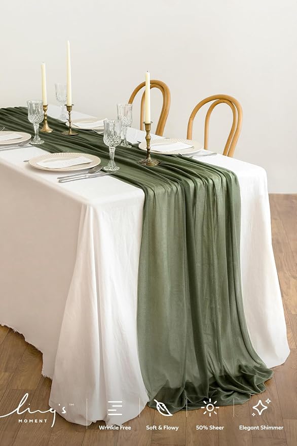 Ling's Moment 14Ft Emerald Green Table Runner, Sheer Chiffon Table Runners | - Image 2