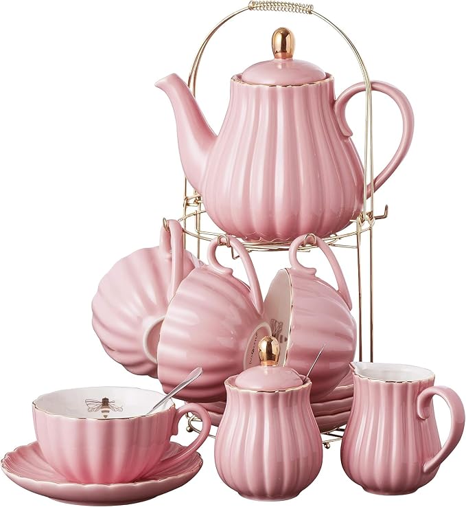 Jusalpha Fine China Pink Coffee Cup/Teacup Set, 7 OZ Cups& Saucer Service by Jusalpha