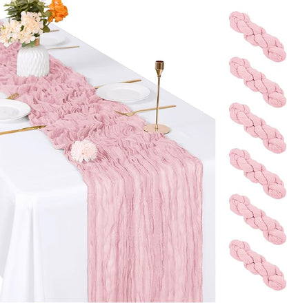 6 Pack Light Pink Cheesecloth Table Runner, 17 x 108 inch, Semi Sheer Boho by ACSUIT