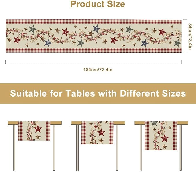 Western Texas Table Runner, Rustic Farmhouse Red Plaid Check Golden Star Barn - Image 5