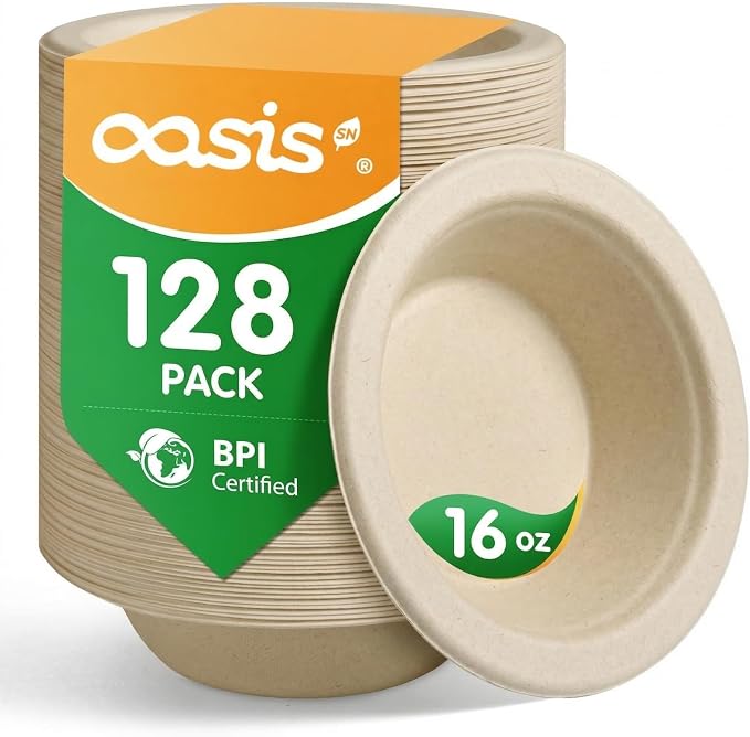 16 oz 128-Pack Compostable Paper Bowls, Disposable Salad & Soup Bowls, by SustainableSolutions